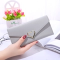 Grey long envelope wallet with heart buckle and matte leather finish for women - Gray