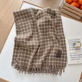 Brown and white checkered scarf with soft faux cashmere texture and fringe tassels - Slanted Line Small Grid Khaki