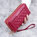 Portefeuille long matelassé bordeaux avec double fermeture éclair et dragonne amovible - Rouge