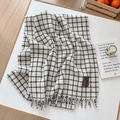 Plaid faux cashmere scarf in cream and black with fringe and decorative patch - Slanted Line Small Grid White