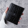 Short black crocodile pattern faux leather card holder wallet with zipper and snap closure - Black