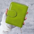 Lime green short oil wax leather wallet with metal zipper and snap closure hand-held - Green