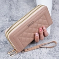Portefeuille long matelassé rose nude pour femme avec double zip et dragonne - Kaki