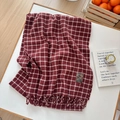 Classic red and white plaid scarf with fringe and a vintage leather label detail - Slanted Line Small Grid Jujube Red
