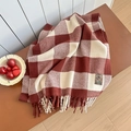 Winter plaid scarf with red and white checks featuring long tassels and woven label - Twill Large Plaid Red Beige