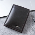 Dark brown leather bifold wallet for men with pebbled texture and metal logo inlay - Dark Coffee