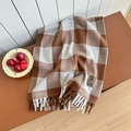 Brown and white plaid faux cashmere scarf with fringes and vintage woven label detail - Twill Large Plaid Blue Coffee
