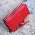 Red quilted leather double zipper long wallet with wristlet and gold Forever Young logo - Red