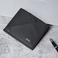 Men's minimalist black leather bi-fold wallet with elegant stitching and metal accent - Black