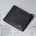 Men's bifold black leather wallet with lychee texture and blue stone metal buckle - Black