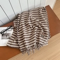 Classic brown and white houndstooth scarf with tassels and decorative brand patch - Houndstooth Coffee Beige