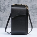 Vertical black litchi texture crossbody phone bag with gold zipper and front flap pocket - Black
