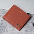 Short tri-fold men's wallet in brick red leather with geometric stitching and metal logo - Light Coffee
