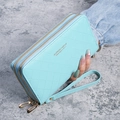 Portefeuille long matelassé bleu clair pour femme avec double fermeture éclair et dragonne - Bleu