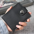 Cartera corta para hombre de cuero negro con patrón de litchi y cierre de botón a presión - Patrón de lichi negro