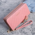 Portefeuille femme rose matelassé avec double fermeture éclair et dragonne de main - Rose Foncé
