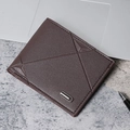 Short tri-fold coffee brown men's wallet featuring geometric stitching and metal detail - Dark Coffee