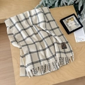 Faux cashmere checkered scarf in beige and black with fringe and retro embroidery patch - Double Line Large Plaid White