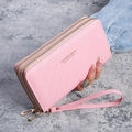 Portefeuille long rose matelassé à double fermeture éclair avec dragonne pour femme - Rose