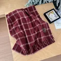 Winter checkered cashmere-feel scarf in deep red with white grid and tassel details - Double Line Large Plaid Jujube Red