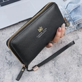 Fashionable long black zip wallet with lychee leather texture and crown logo - Black