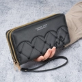 Women's black long quilted wallet with double zipper, heart embroidery and wrist strap - Black