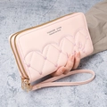 Pink heart quilted double zipper long wallet with embroidery and wrist strap - Pink