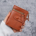 Brown minimalist short leather wallet with button clasp and zip pocket for women - Brown / 0.0