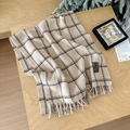 Beige plaid fringe scarf in soft cashmere-like fabric with dark checkered patterns - Double Line Large Plaid Beige