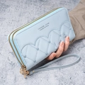 Light blue quilted long wallet with heart embroidery and double zipper wristlet strap - Blue