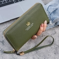 Olive green long zipper wallet in litchi grain leather with gold leaf metal logo and wristlet - Green