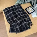 Classic black and white checkered faux cashmere scarf with fringe and vintage label - Double Line Large Plaid Black