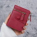 Slim dark red leather wallet for women with gold zipper pocket and snap closure - Burgundy / 0.0