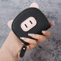 Handheld cute pig-shaped mini coin purse in black leather with accordion card slots - Black