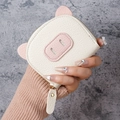 Cute pig-themed accordion card holder in beige soft leather with pink accents for women - White