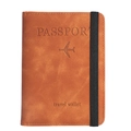 Brown PU leather travel wallet passport holder with airplane logo and elastic strap closure - Brown