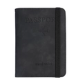 Slim black PU leather passport holder travel wallet with elastic closure strap and gold text - Black