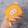 Ginger yellow leather pig-shaped card holder with pink ears and zipper closure - Yellow