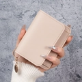 Portacarte minimalista in pelle beige con ciondolo dorato tenuto in mano - Cachi