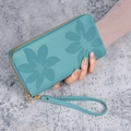 Portefeuille long vert menthe avec motif marguerite, double fermeture éclair et dragonne - Bleu