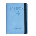 Sky blue PU leather travel wallet with passport engraving and elastic closure strap - Light Blue