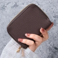 Brown litchi grain PU leather card holder with gold zipper closure for women - Coffee
