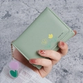 Short tri-fold wallet in light green faux leather with tulip print and cute pendant - Green