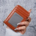 Women's small caramel leather card holder with zip closure and clear ID window slot - Brown