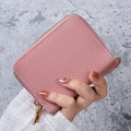 Pink litchi grain PU leather women card holder wallet with golden zipper closure - Deep Pink