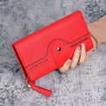Red long tri-fold wallet for women with golden snap and stylish leather tassel detail - Red