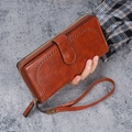 Vintage brown long wax PU leather wallet with zipper and buckle for women - Brown