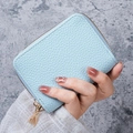 Light blue faux leather card holder with litchi pattern and golden metal zipper - Light Blue
