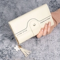 Elegant cream-white tri-fold long wallet for women featuring leaf tassel and wave pattern - White