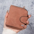 Short vintage frosted leather wallet for women in dusty pink brown with buckle closure - Brown